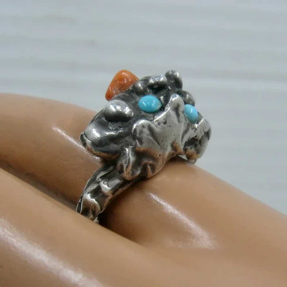 Brutalist Sterling Coral & Turquoise Ring Sz 6 1/2 - image 10