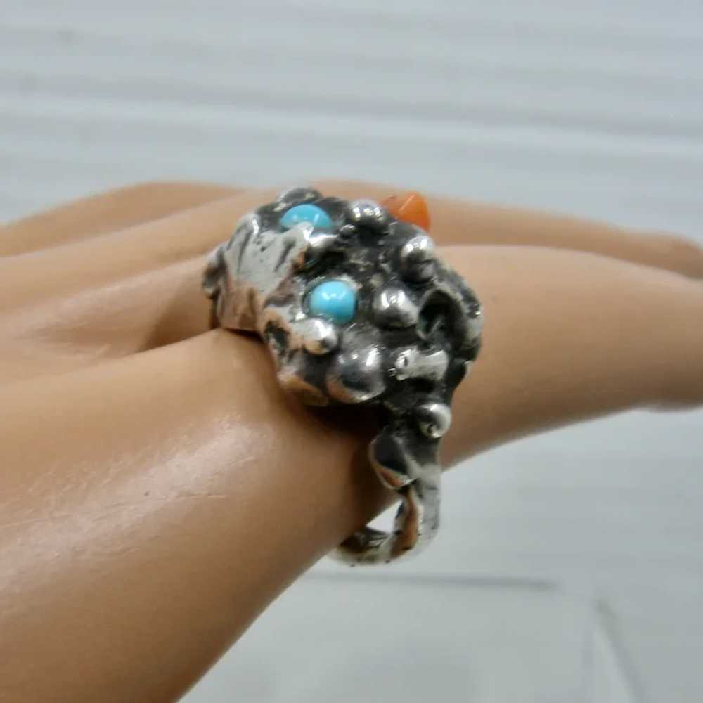 Brutalist Sterling Coral & Turquoise Ring Sz 6 1/2 - image 12