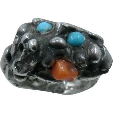 Brutalist Sterling Coral & Turquoise Ring Sz 6 1/2 - image 1