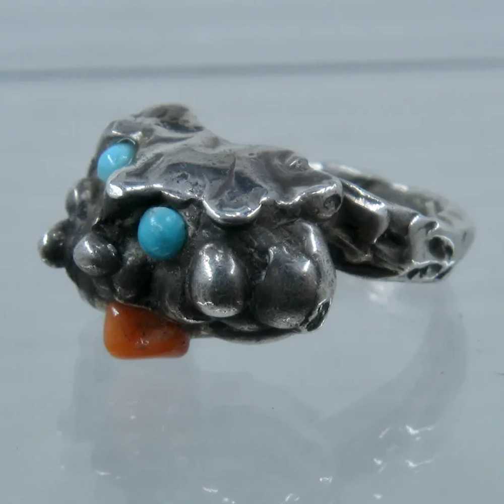 Brutalist Sterling Coral & Turquoise Ring Sz 6 1/2 - image 2