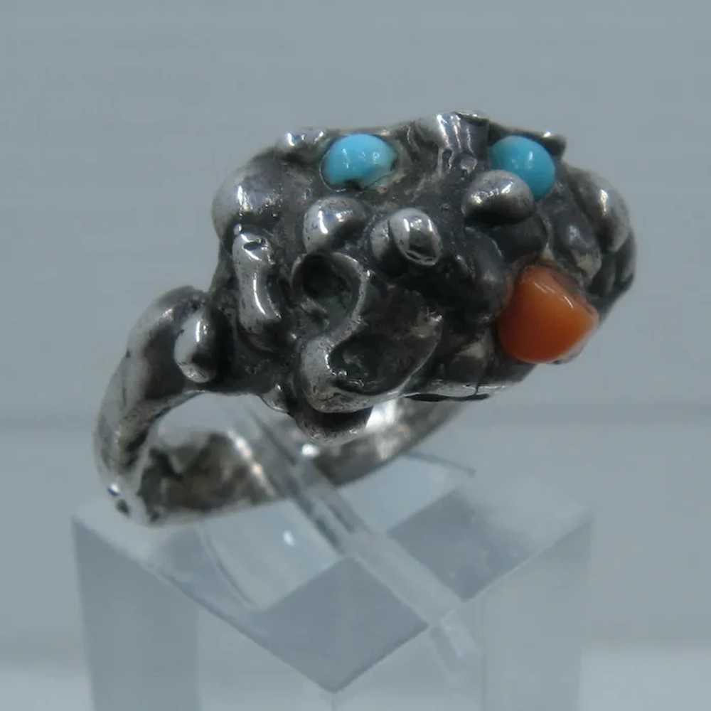 Brutalist Sterling Coral & Turquoise Ring Sz 6 1/2 - image 3