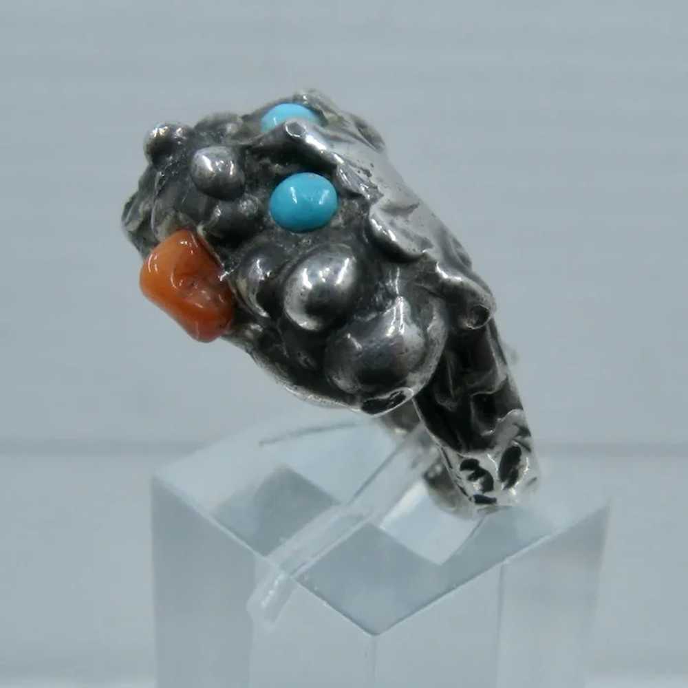 Brutalist Sterling Coral & Turquoise Ring Sz 6 1/2 - image 4