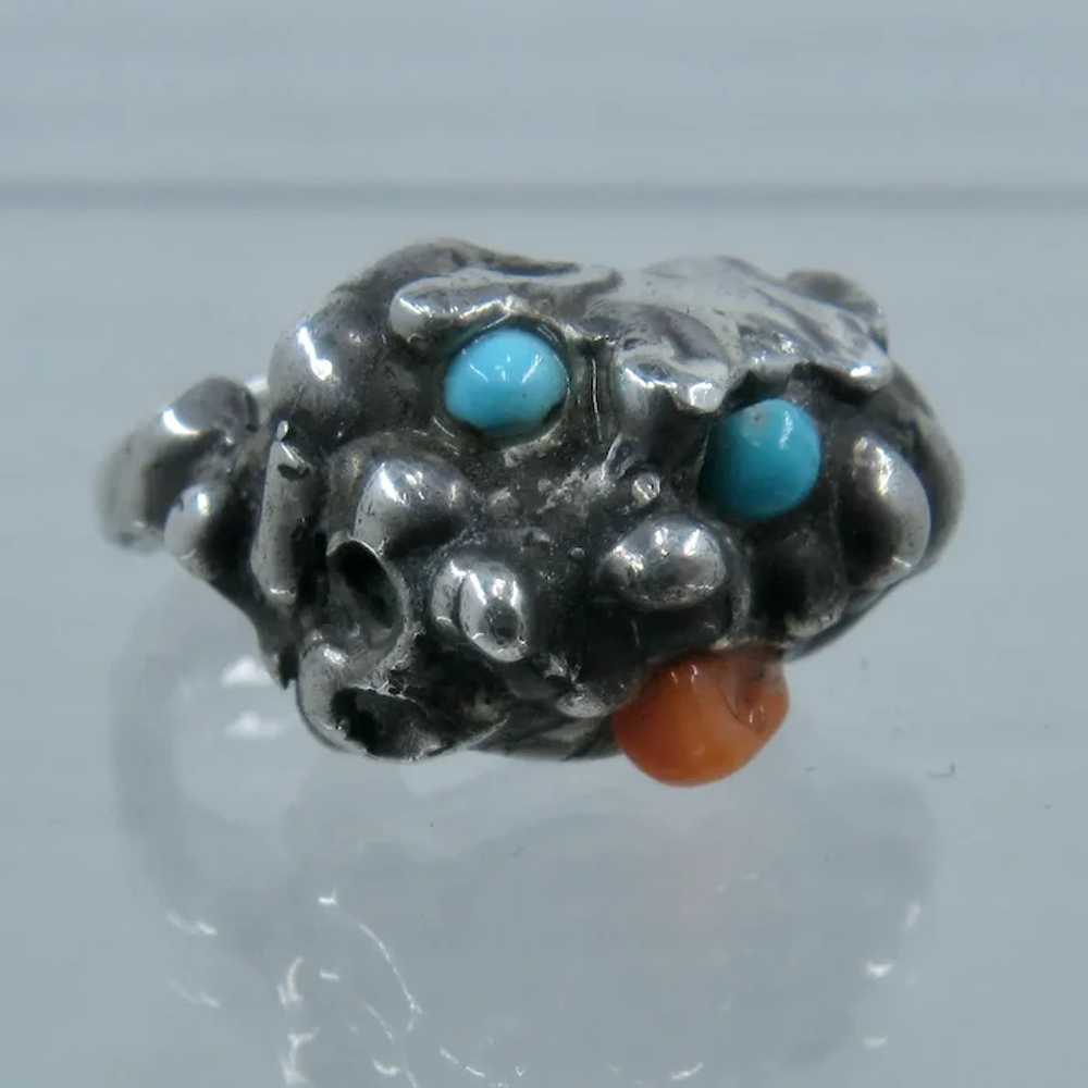 Brutalist Sterling Coral & Turquoise Ring Sz 6 1/2 - image 5