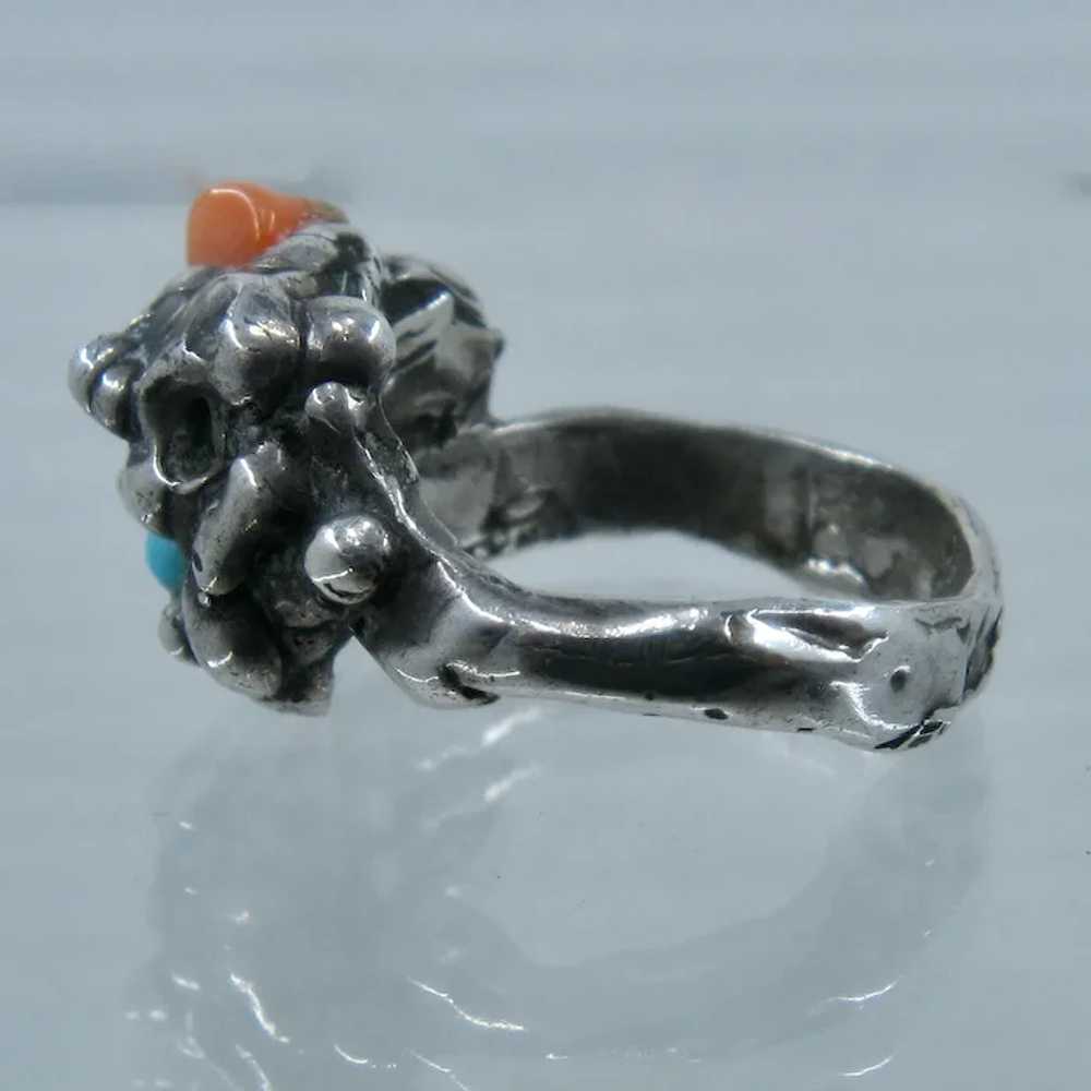 Brutalist Sterling Coral & Turquoise Ring Sz 6 1/2 - image 7