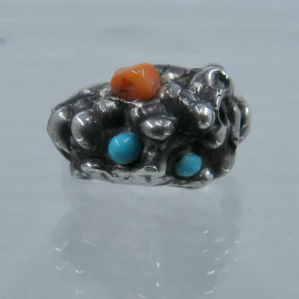 Brutalist Sterling Coral & Turquoise Ring Sz 6 1/2 - image 9