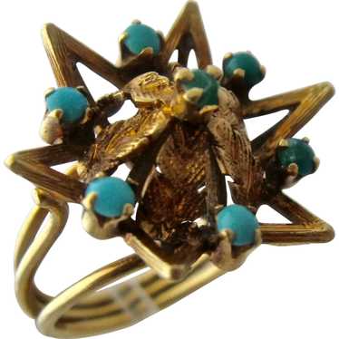 Antique 15K Gold Star Ring w/ Turquoise & Leaves … - image 1