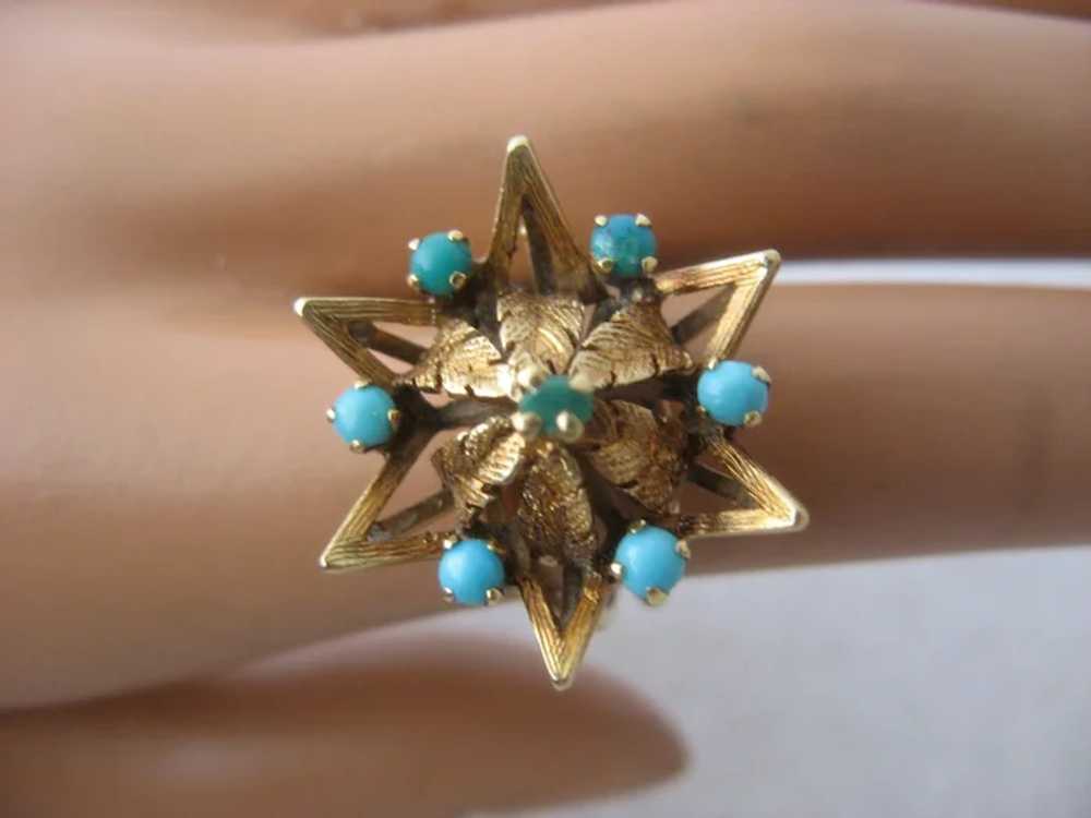 Antique 15K Gold Star Ring w/ Turquoise & Leaves … - image 2