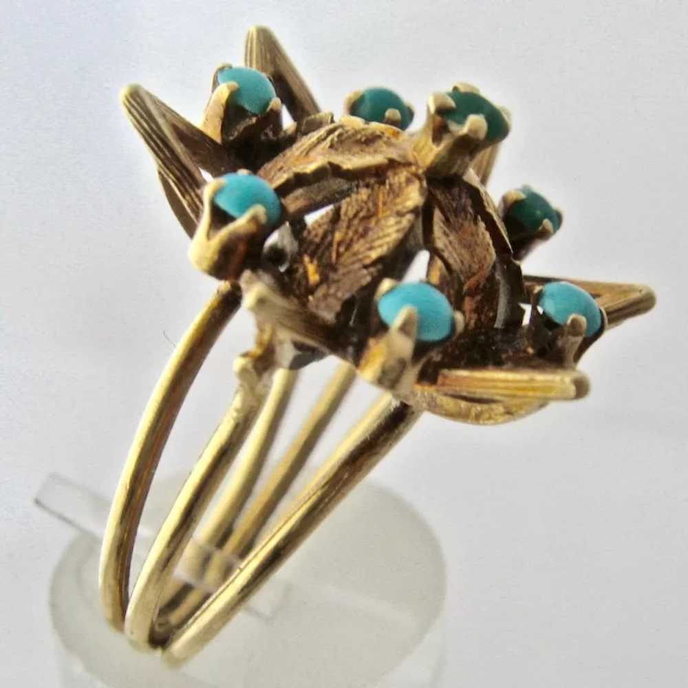 Antique 15K Gold Star Ring w/ Turquoise & Leaves … - image 3
