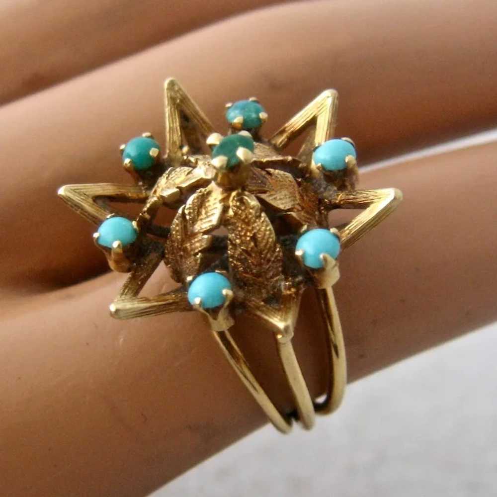 Antique 15K Gold Star Ring w/ Turquoise & Leaves … - image 6