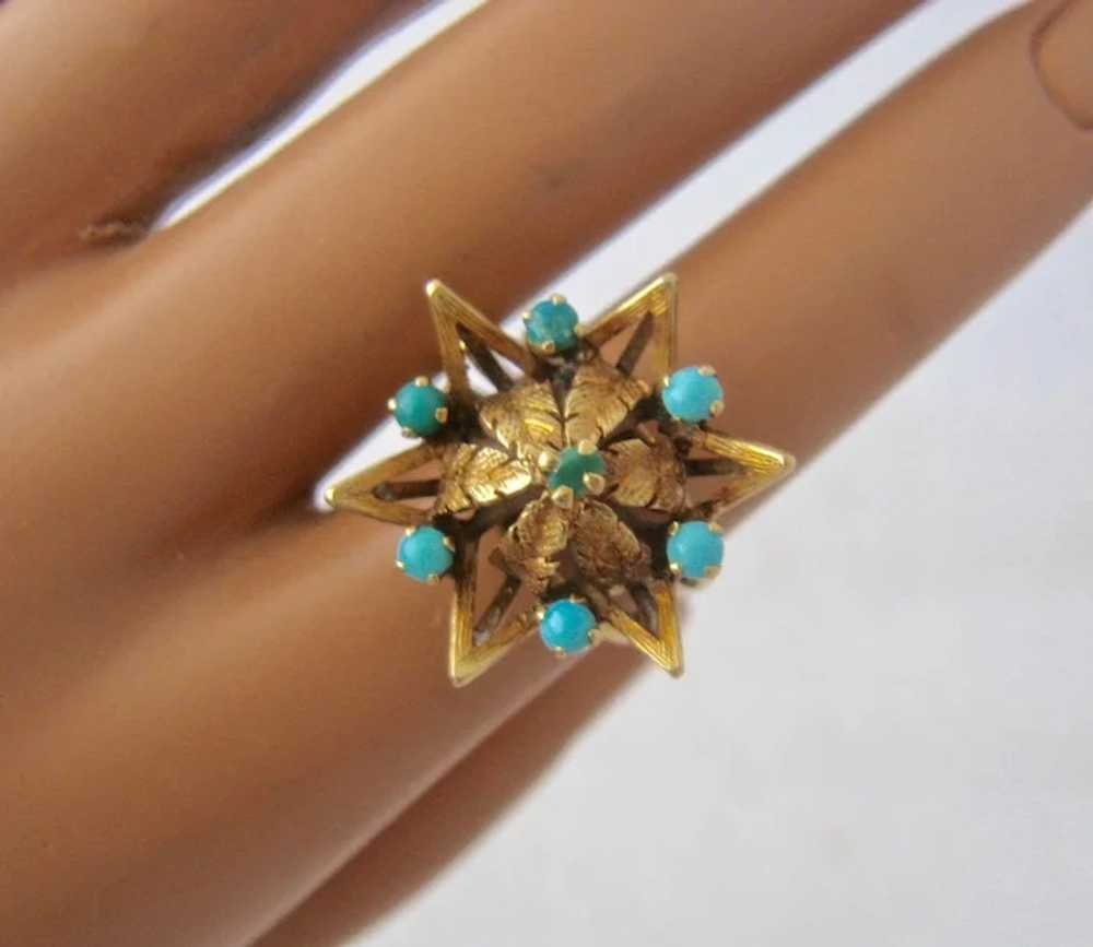 Antique 15K Gold Star Ring w/ Turquoise & Leaves … - image 9