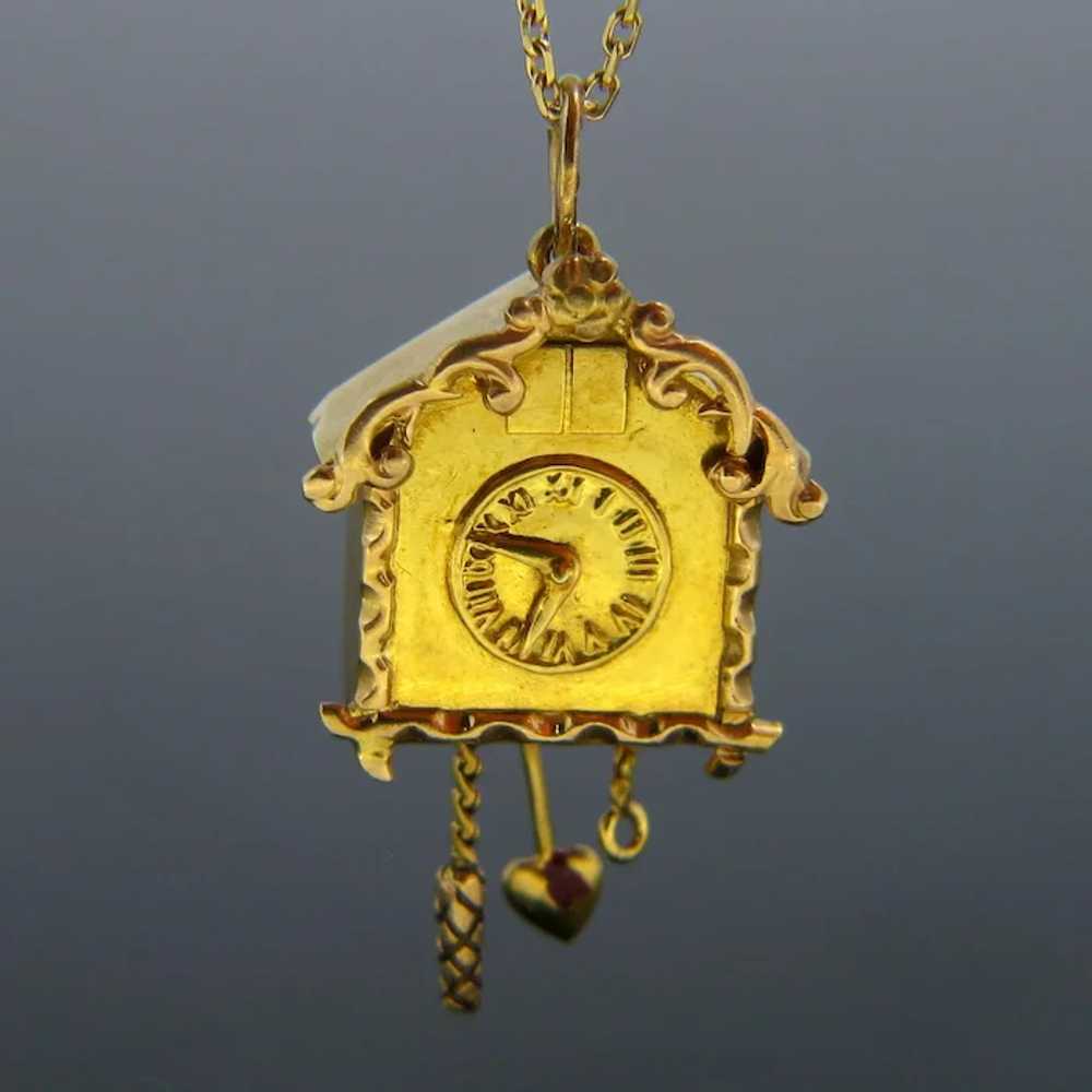 Vintage Cuckoo Clock Pendant Charm, 18kt Yellow G… - image 2