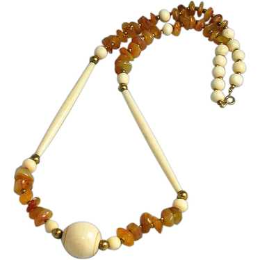 Vintage Carved Bone & Agate Necklace Ethnic Boho