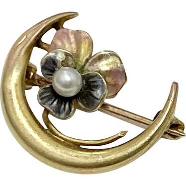 Victorian Crescent Moon & Pansy Pin 10K Gold, See… - image 1