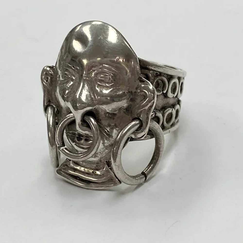 Unusual Tribal Mask Vintage Ring TAXCO Sterling S… - image 2