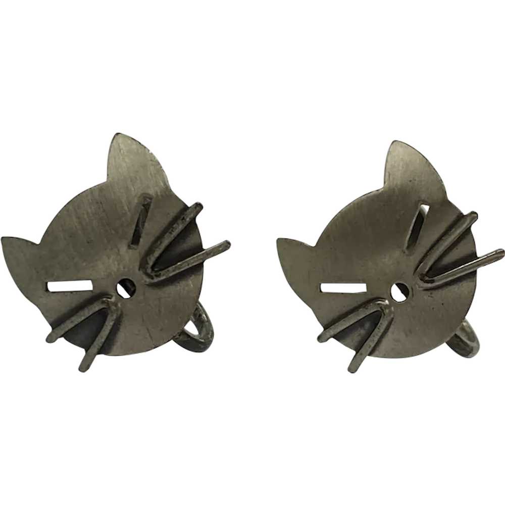 CAT Head Vintage Screw-Back Earrings Sterling Sil… - image 1