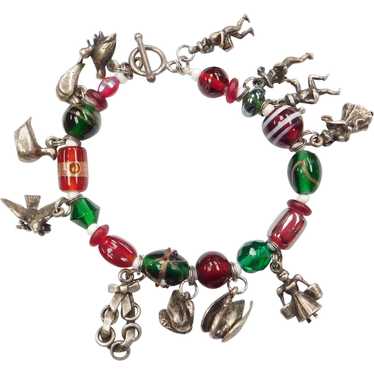 Sterling Christmas Charm Bracelet 7 3/4 - 925 Glass Beads Santa Nutcracker Tree