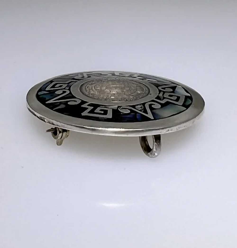 Vintage sterling silver Aztec design pendant broo… - image 3