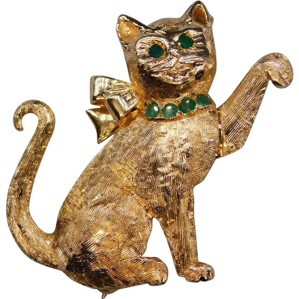 Vintage 14K Yellow Gold Emerald Cat Kitten Bow Br… - image 1