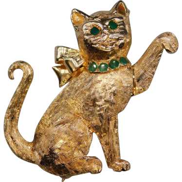 Vintage 14K Yellow Gold Emerald Cat Kitten Bow Br… - image 1