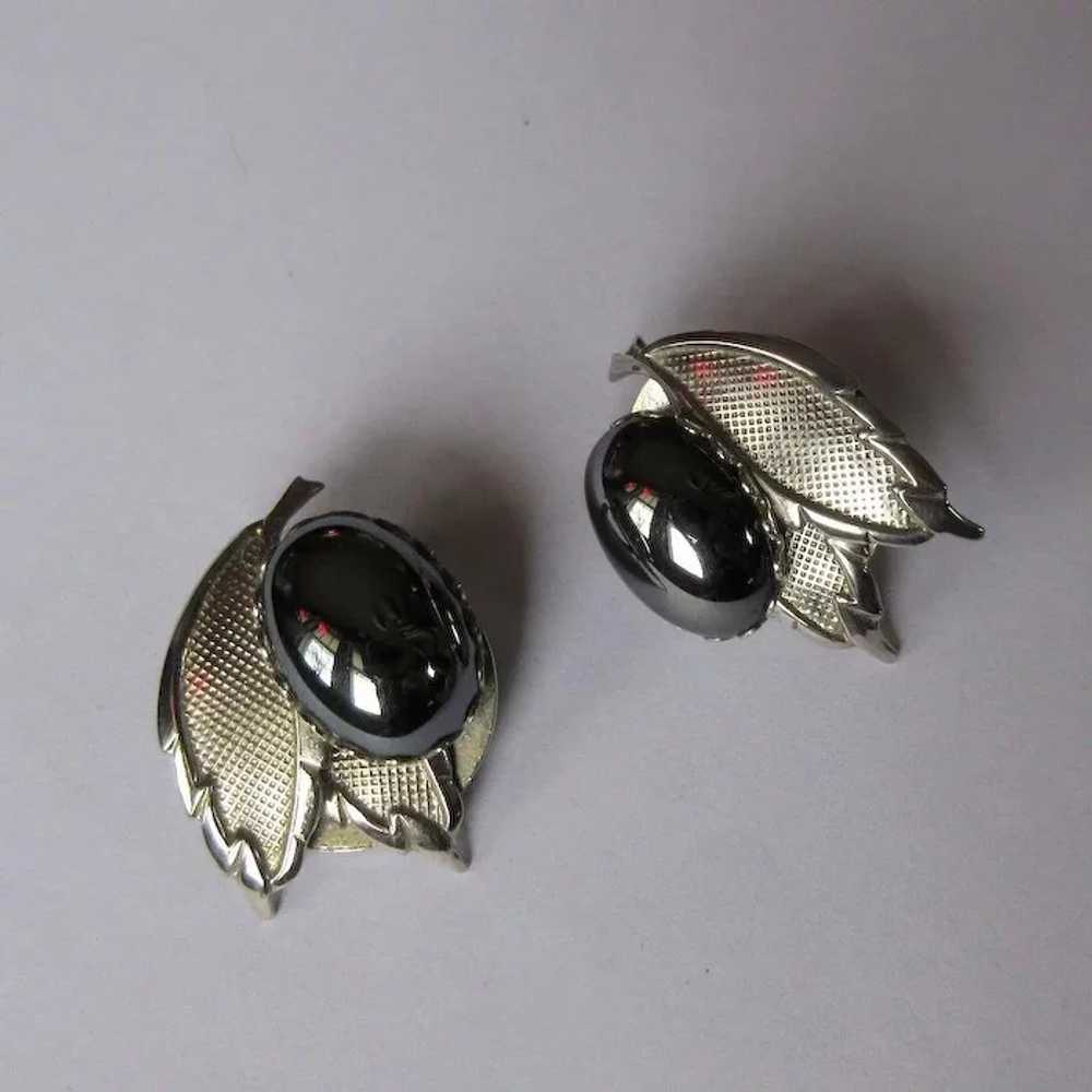 Vintage Earrings, 50's Clips on, Black Cabochons,… - image 2