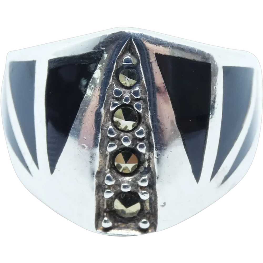 Onyx Inlay and Marcasite Silver Fashion Ring - image 1