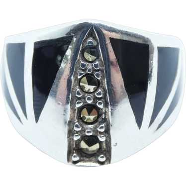 Onyx Inlay and Marcasite Silver Fashion Ring - image 1