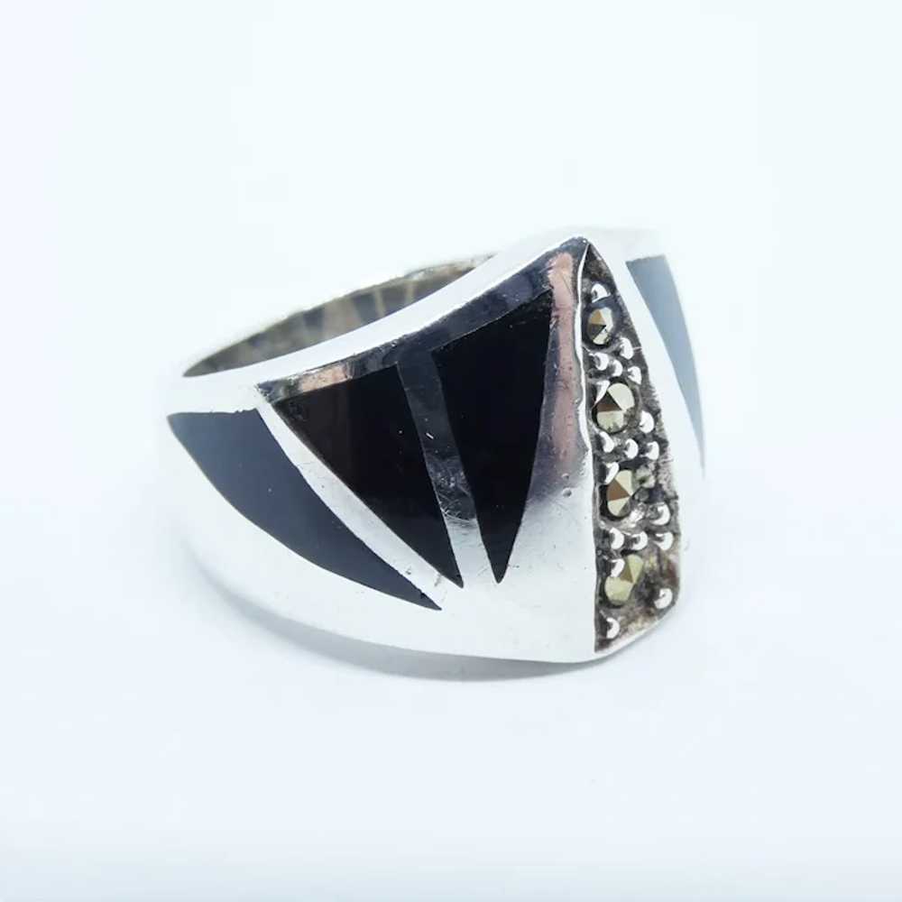 Onyx Inlay and Marcasite Silver Fashion Ring - image 2