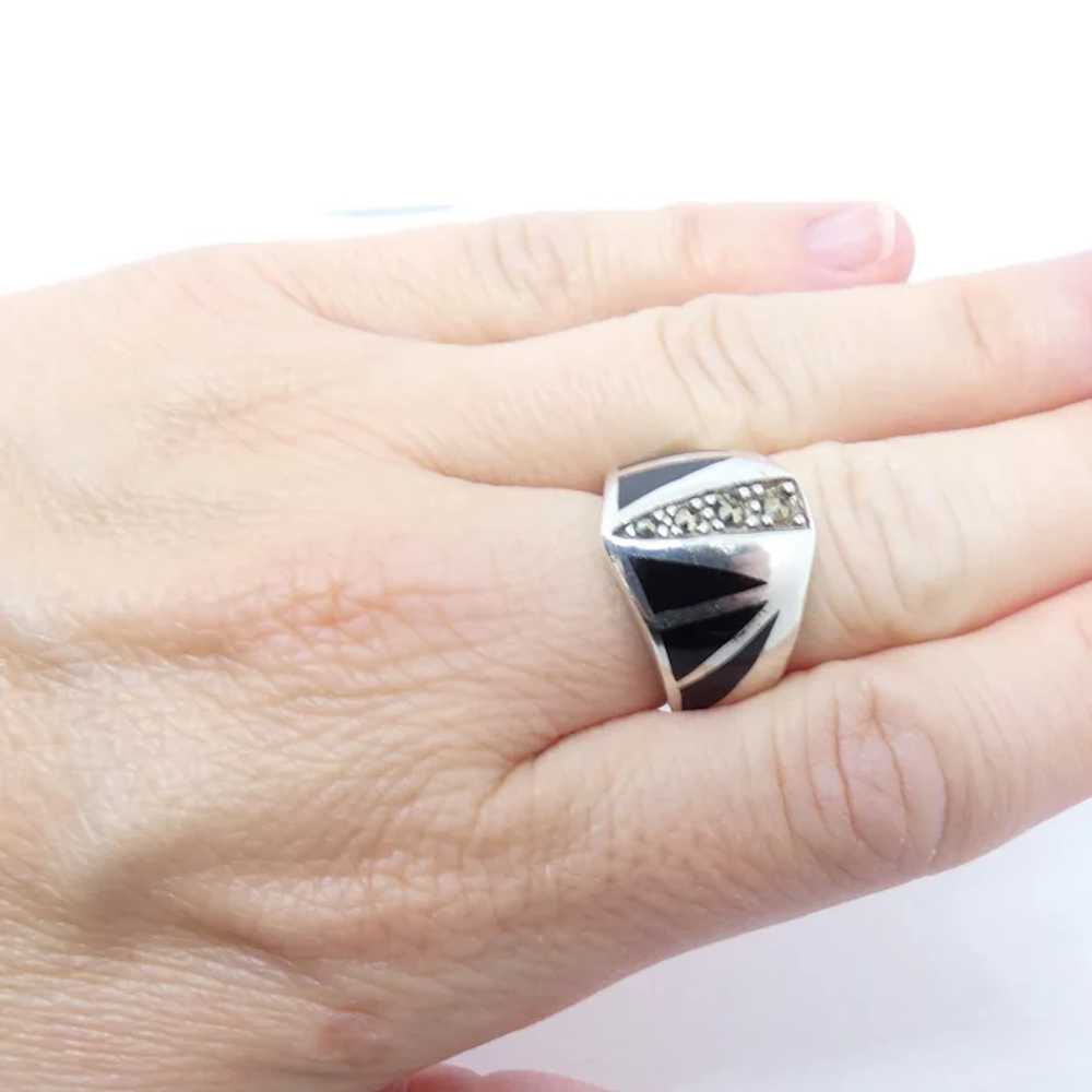 Onyx Inlay and Marcasite Silver Fashion Ring - image 5