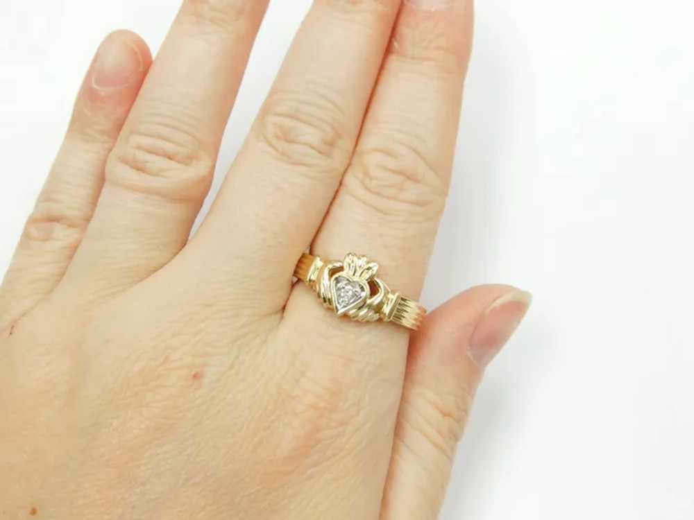 Diamond .04 Carat Claddagh Ring 14k Gold Two-Tone - image 7