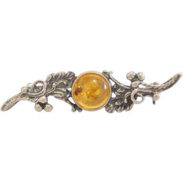 Sterling Silver Decorative Leaves Amber Bar Pin - image 1