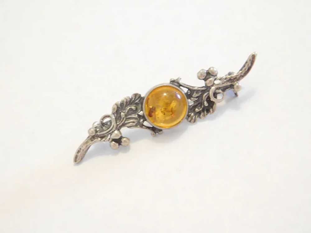 Sterling Silver Decorative Leaves Amber Bar Pin - image 2