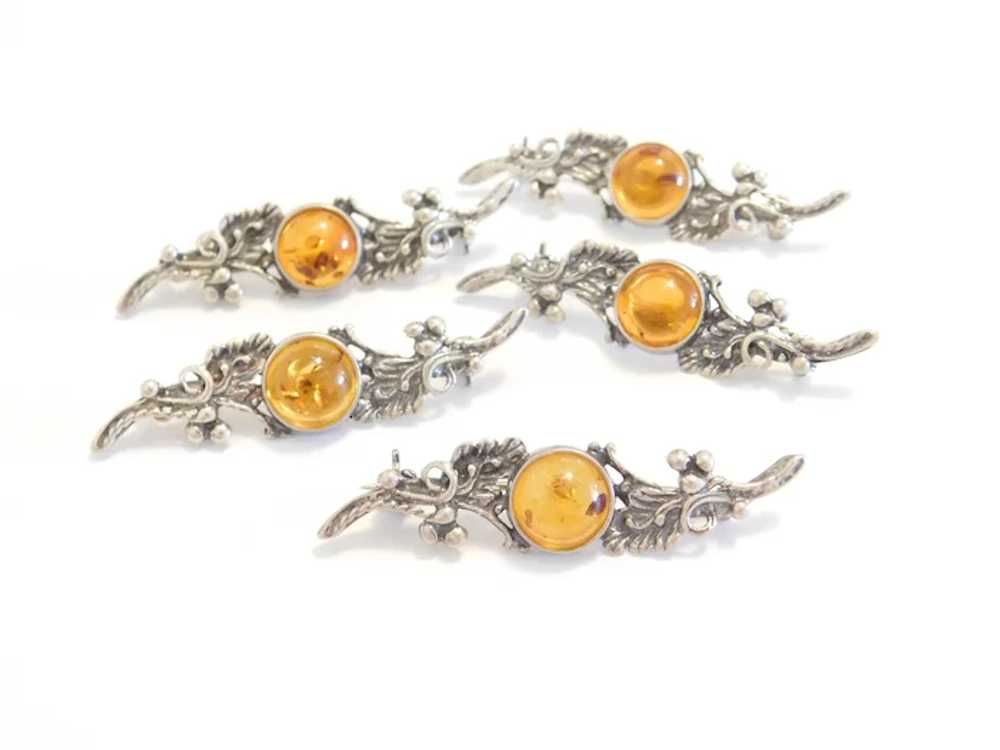 Sterling Silver Decorative Leaves Amber Bar Pin - image 4