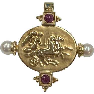 Etruscan Style Pendant Brooch 14K Gold, Ruby and … - image 1