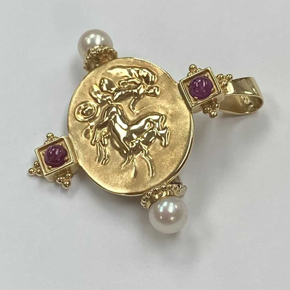 Etruscan Style Pendant Brooch 14K Gold, Ruby and … - image 2