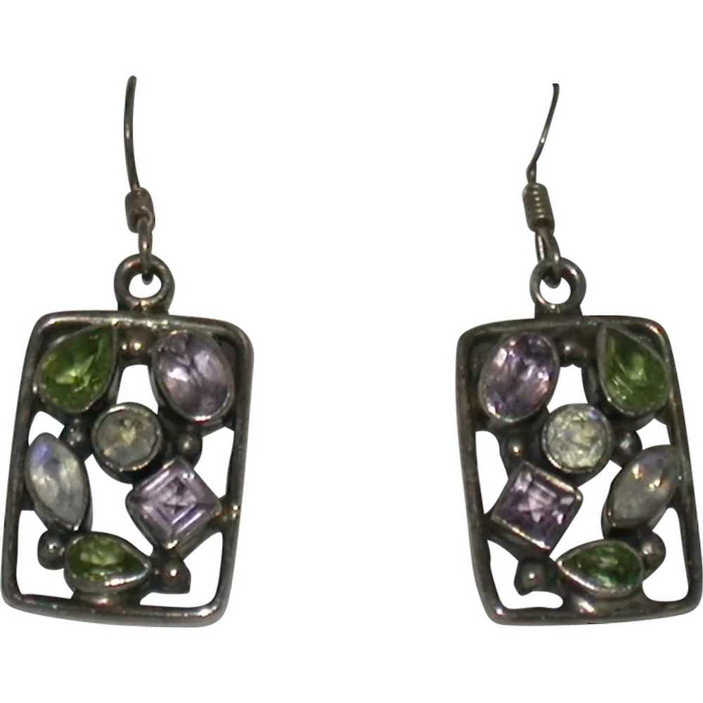 Multi-Gemstone & Sterling Silver Dangle Earrings - image 1