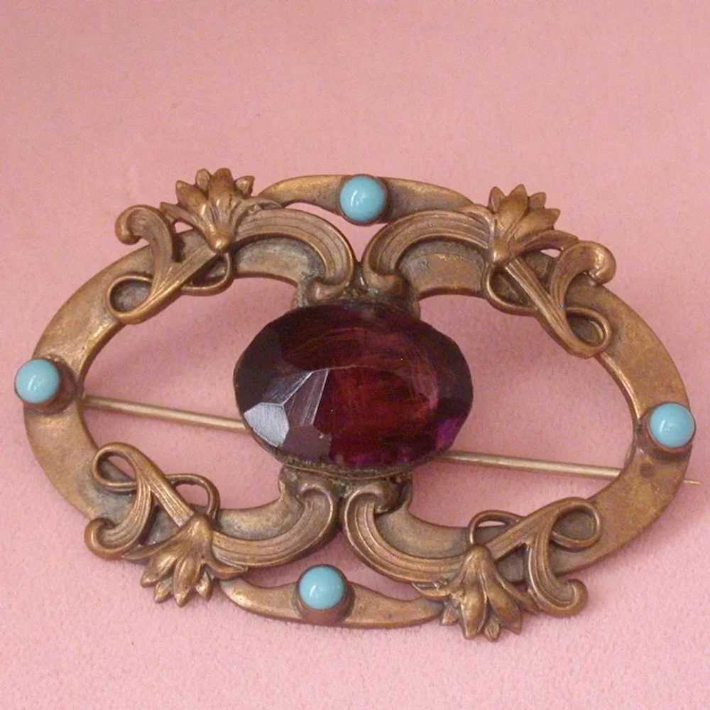 Art Nouveau Period Pin Set W/Purple Glass & Turqu… - image 7