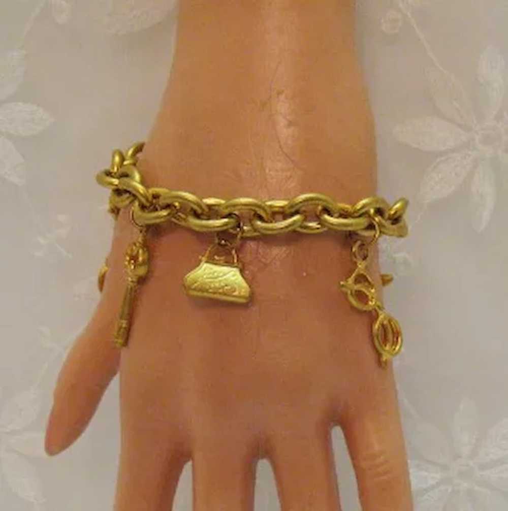 Vintage Signed VS Brushed Gold Metal Charm Bracel… - image 2