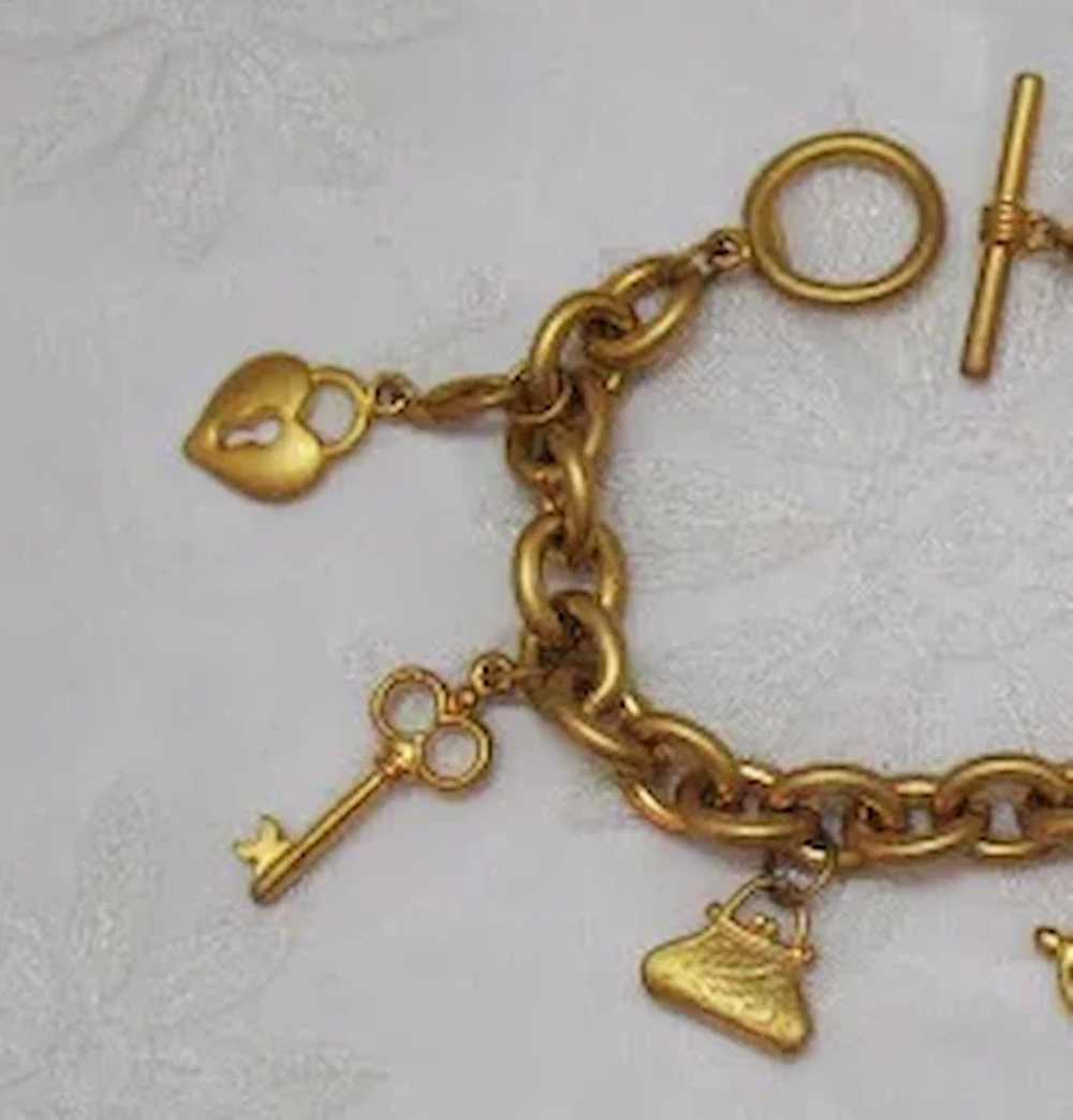 Vintage Signed VS Brushed Gold Metal Charm Bracel… - image 3