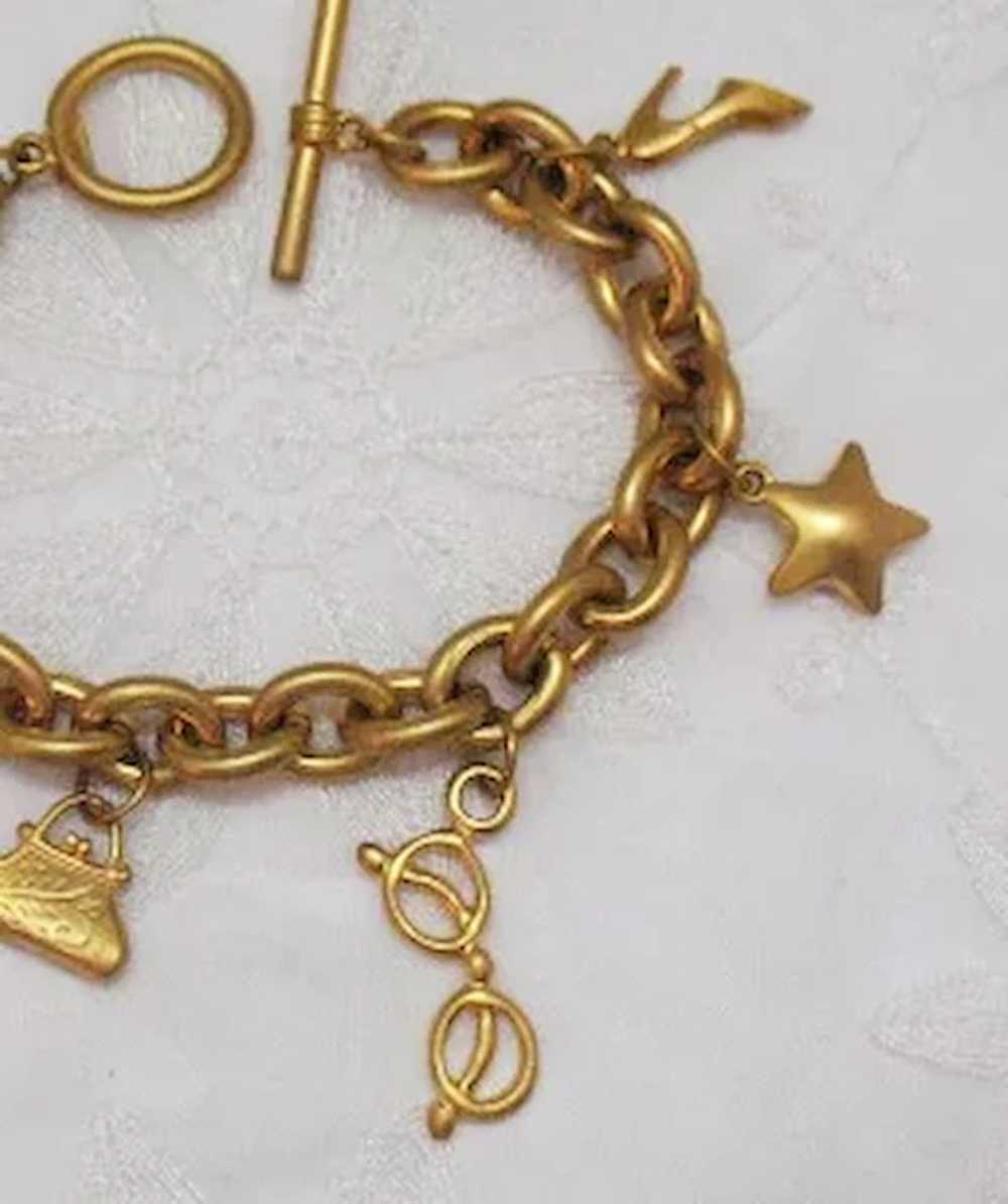 Vintage Signed VS Brushed Gold Metal Charm Bracel… - image 4