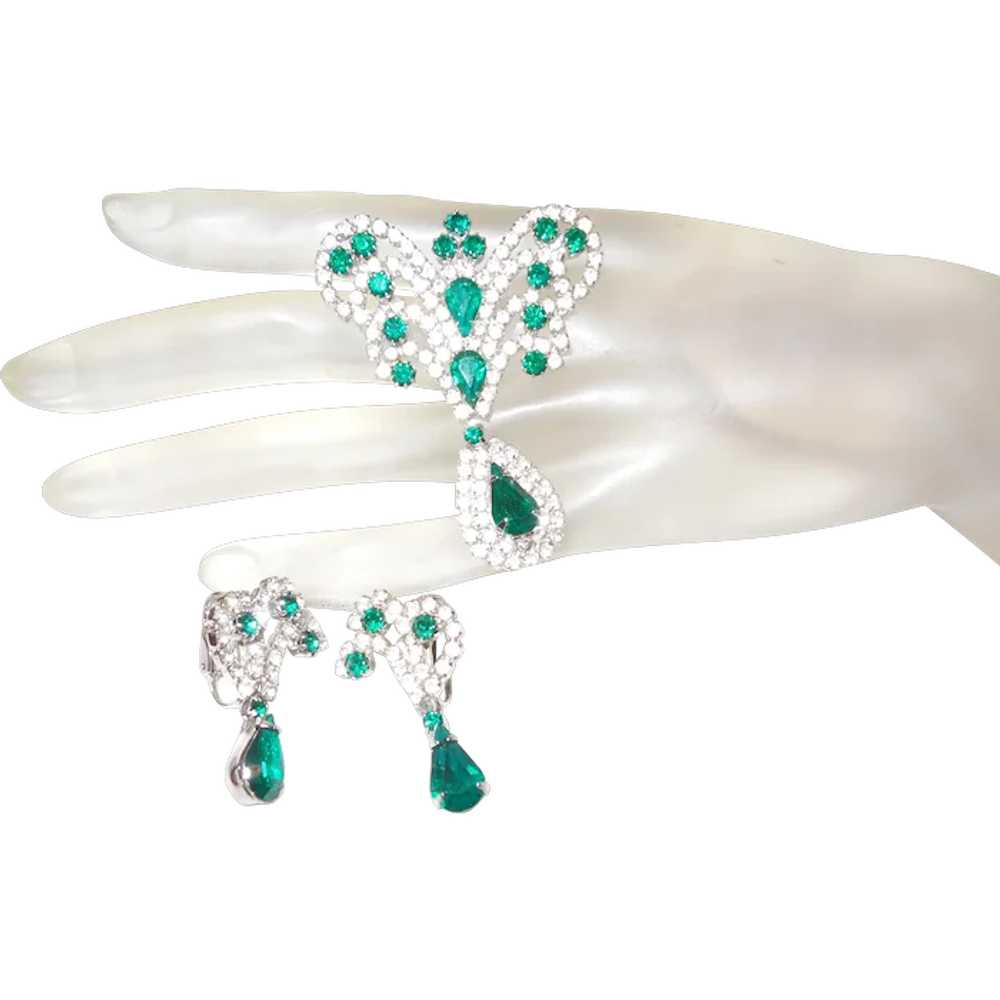 Faux Emerald and Rhinestone Brooch Set - image 1