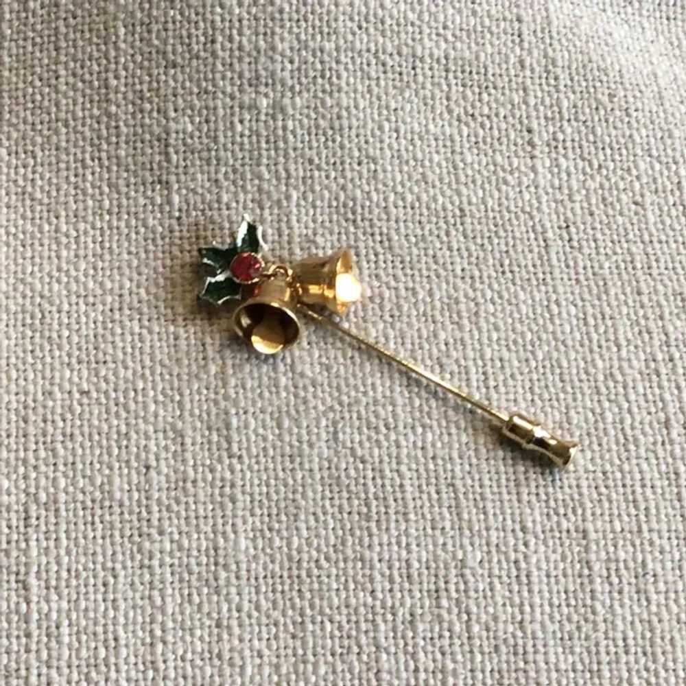 Gold Tone Enameled Rhinestone Holly Christmas Bel… - image 3