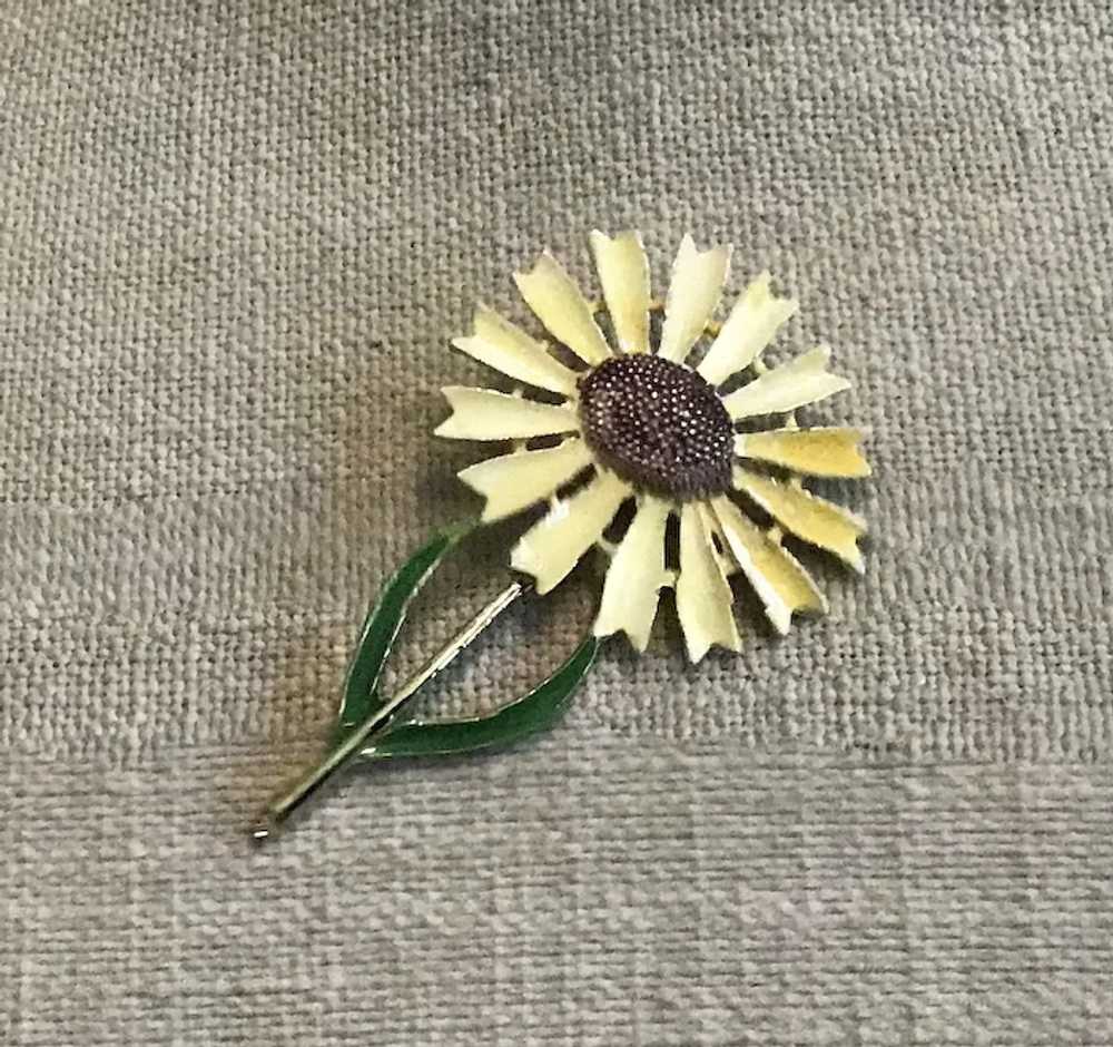 Gold Tone Enameled Sunflower Brooch - image 2