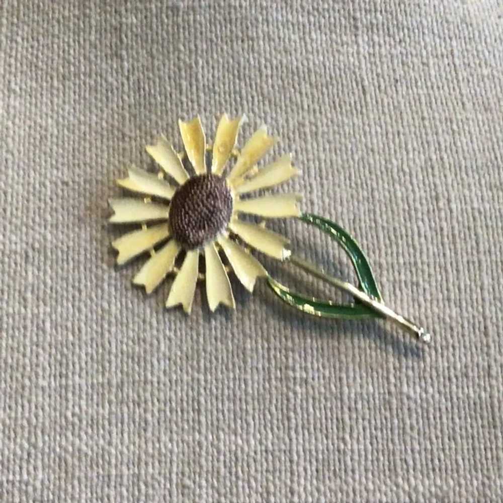 Gold Tone Enameled Sunflower Brooch - image 3