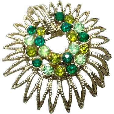 Gold Tone Green Rhinestone Br00ch