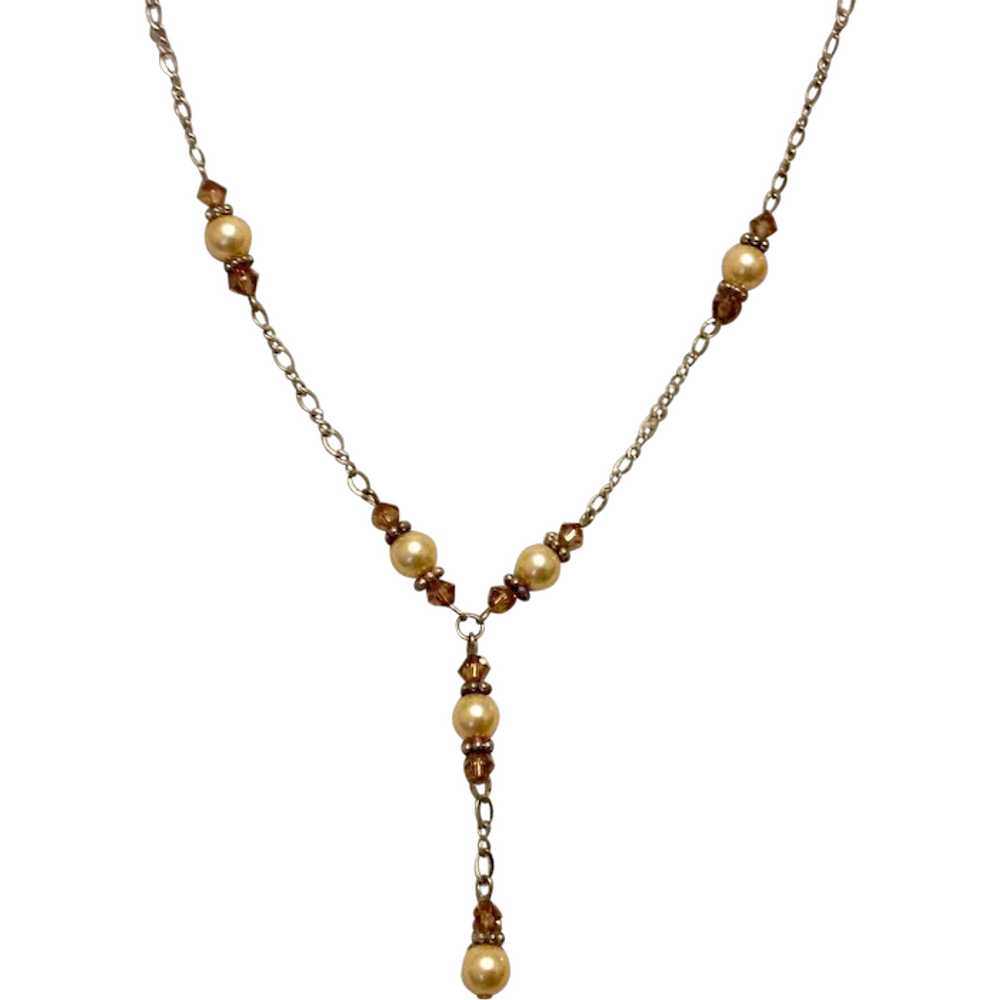 Sterling Faux Pearl Yellow Crystal Y Necklace - image 1