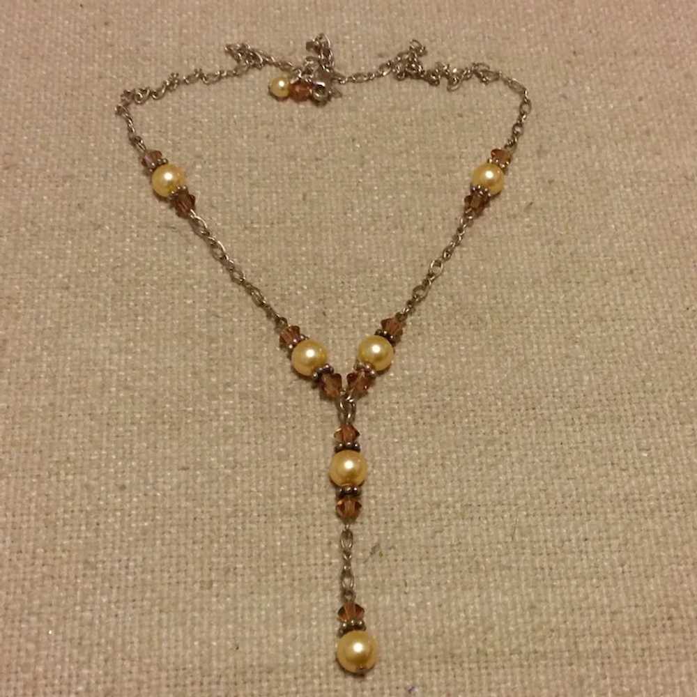 Sterling Faux Pearl Yellow Crystal Y Necklace - image 2