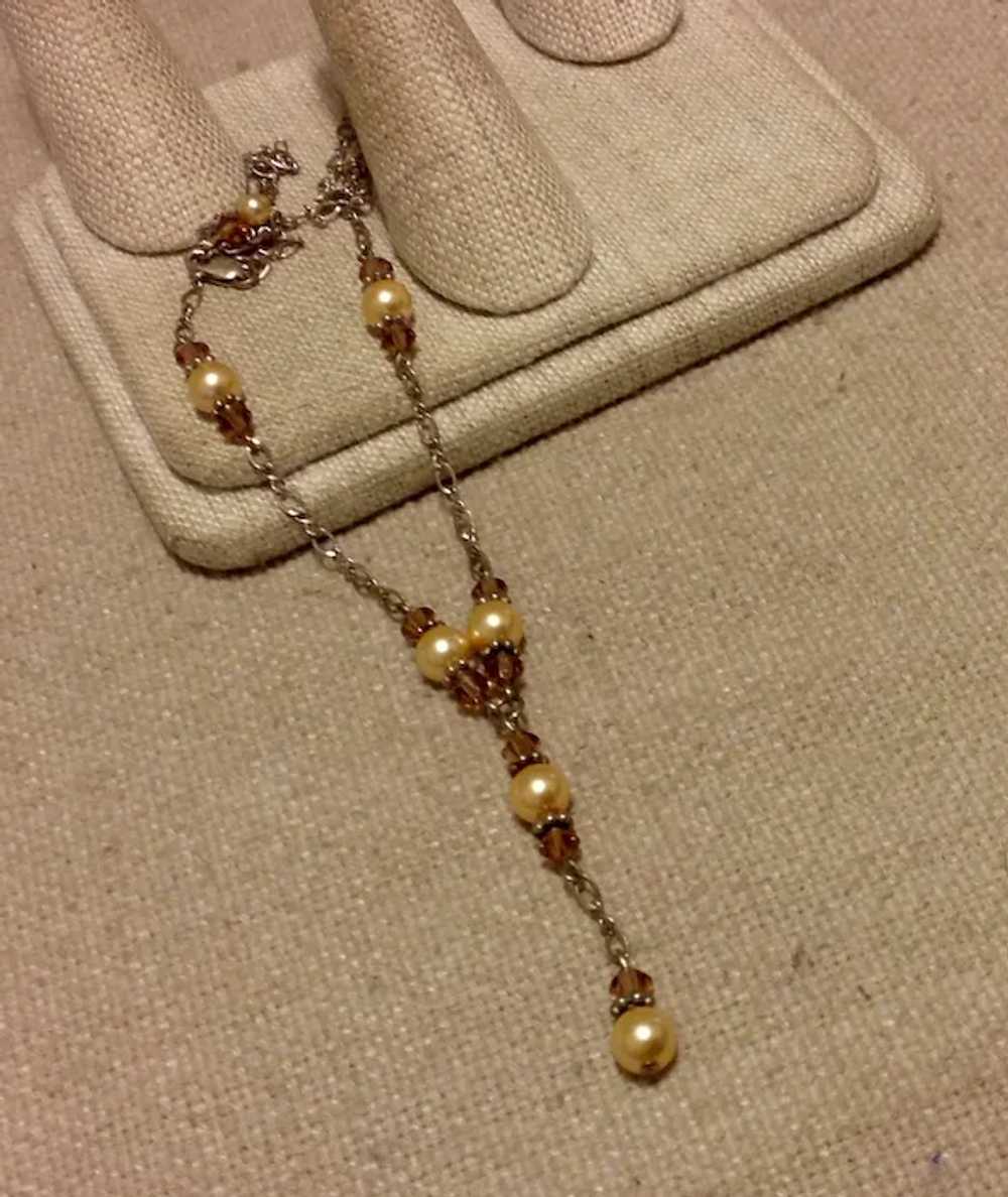 Sterling Faux Pearl Yellow Crystal Y Necklace - image 3