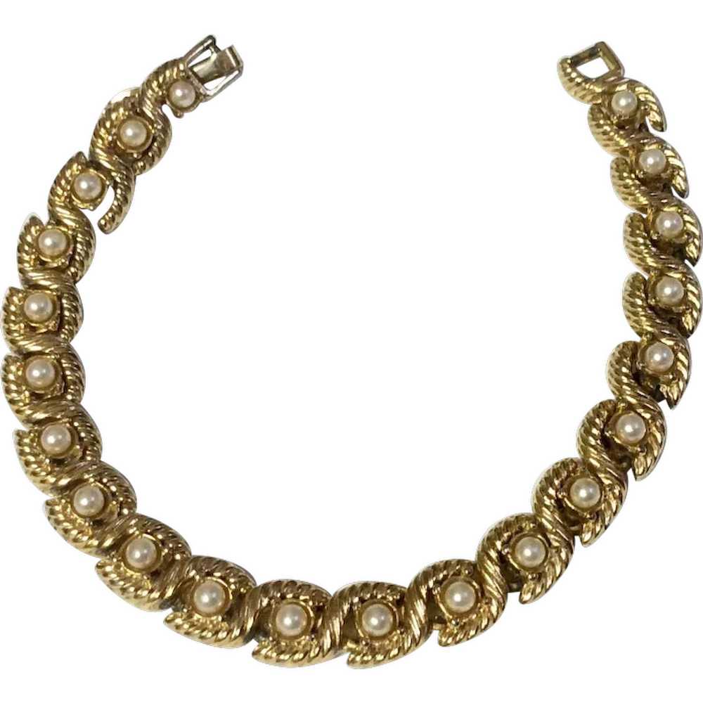 Gold Tone Faux Pearl Bracelet - image 1