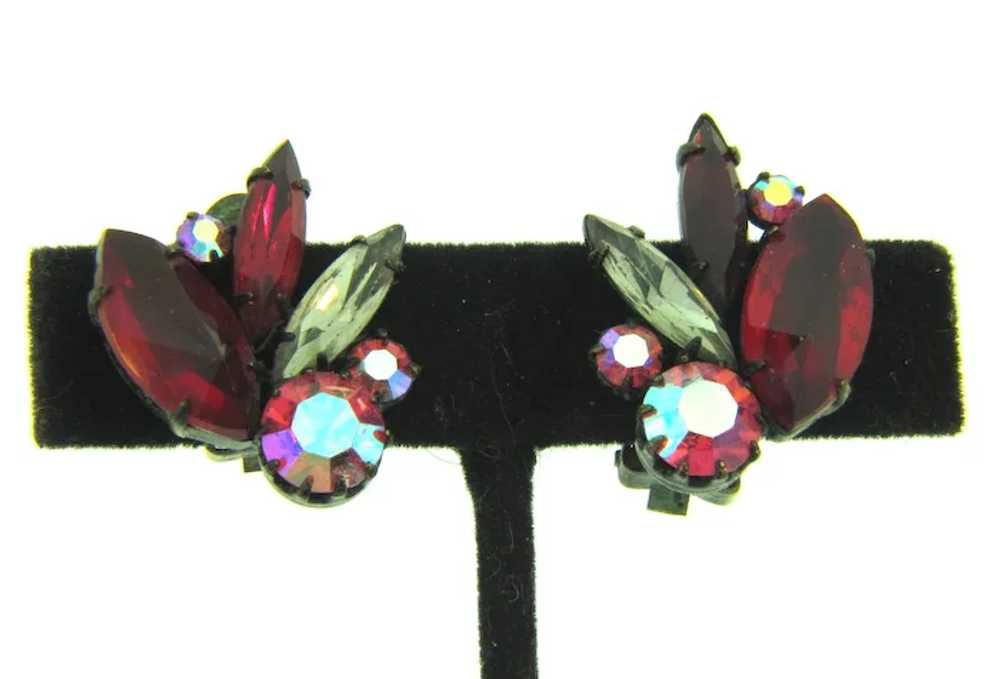 Vintage 1960's rhinestone clip-on Earrings in red… - image 2