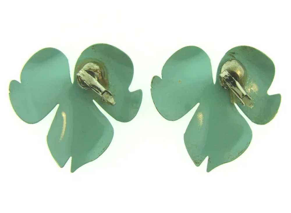 Vintage enamel on metal floral clip-on Earrings - image 2